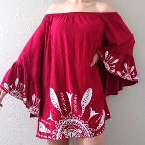 Class Off-Shoulder Red Dress with White Patterns